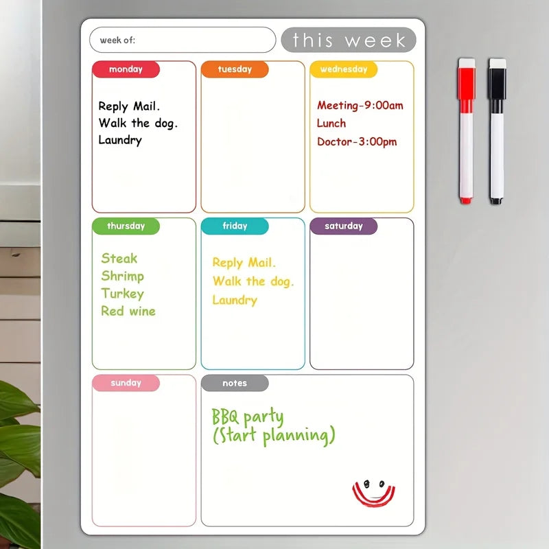 Magnetic Weekly Planner Erasable Fridge Calendar Whiteboard with Markers - Home & Office Organizer