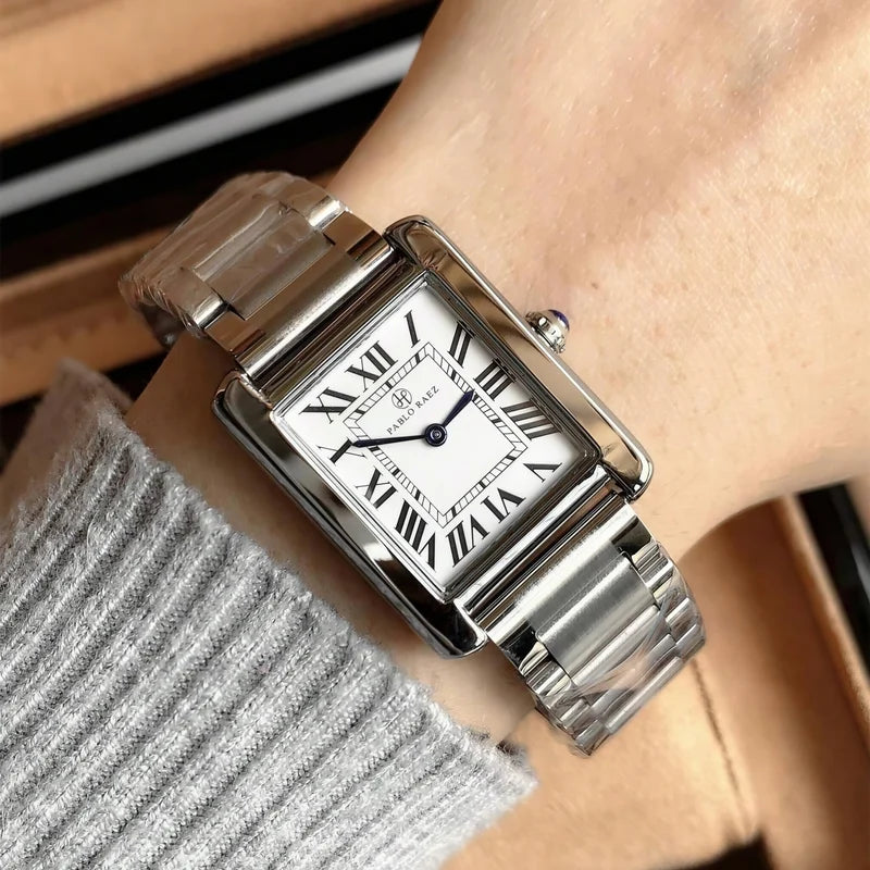 Couple Waterproof Quartz Watch with Roman Numeral Dial Stainless Steel Band