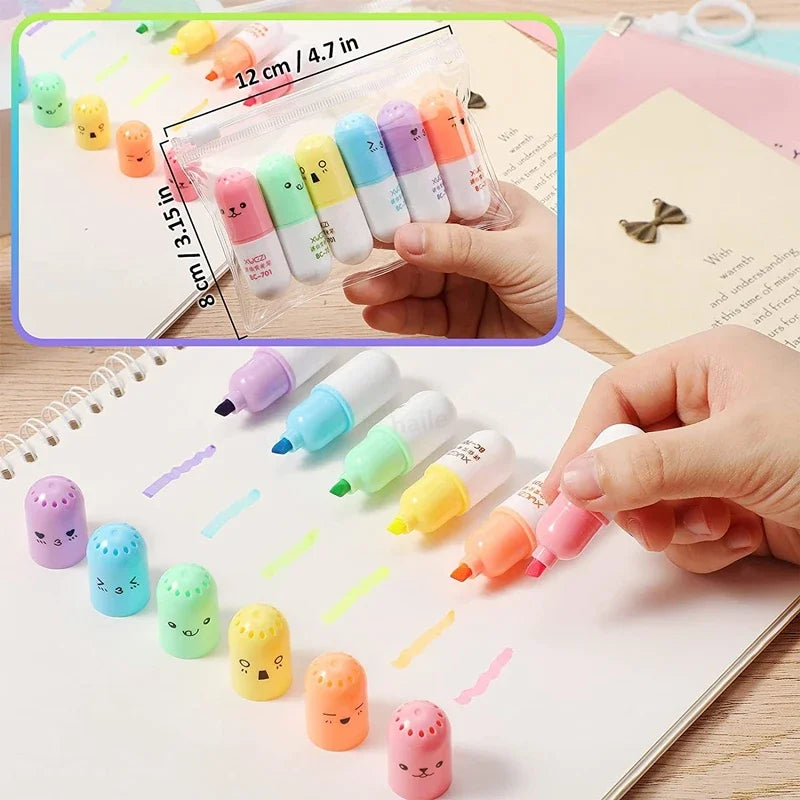 6-Pack Colorful Mini Pill Highlighter Pen Set - Cute Smiling Face Design for School & Office