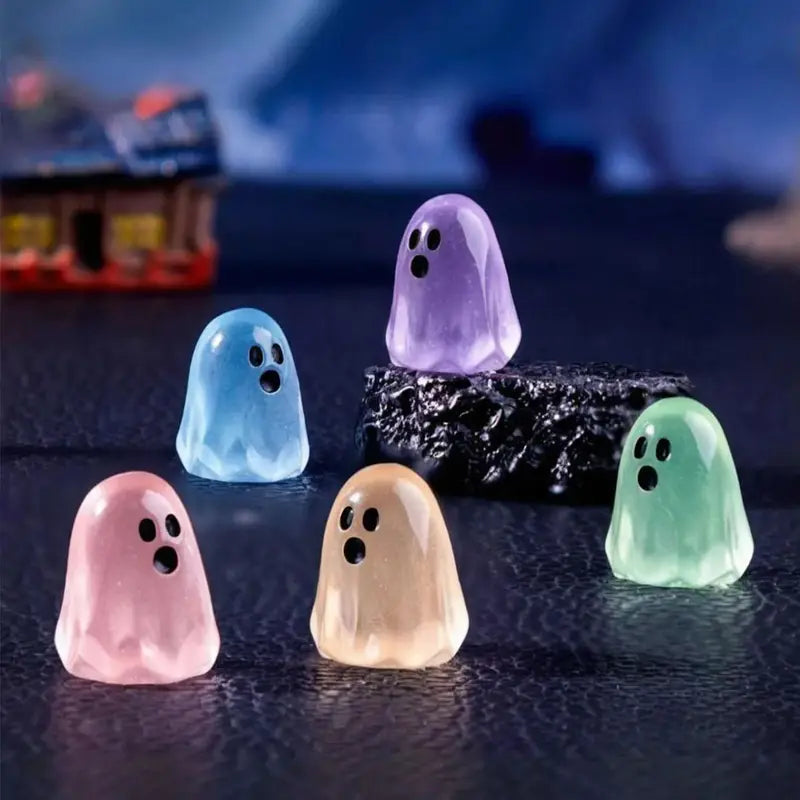 Multicolor Luminous Ghost Miniature Resin Figurines - Halloween Decor Set of 10/20