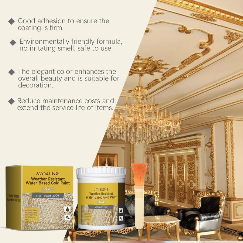 Gold Metallic Paint Set with Brush for Faux Gold Decorations on Metal, Wood, Wall, Fence & Furniture
