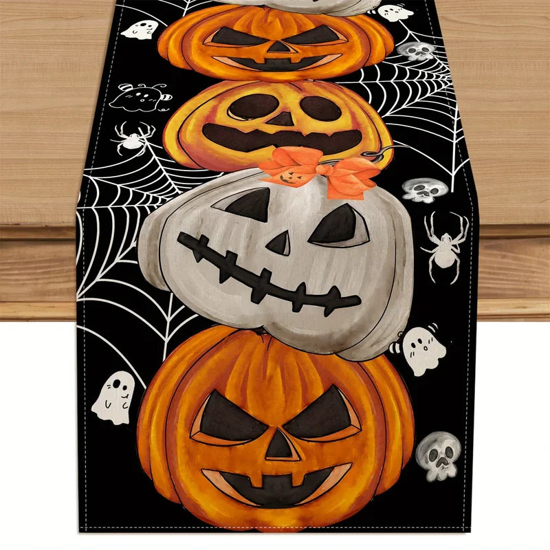 Bohemian Halloween Table Runner Decoration with Pumpkin Bat Skull Elements for Party Festive Decor
