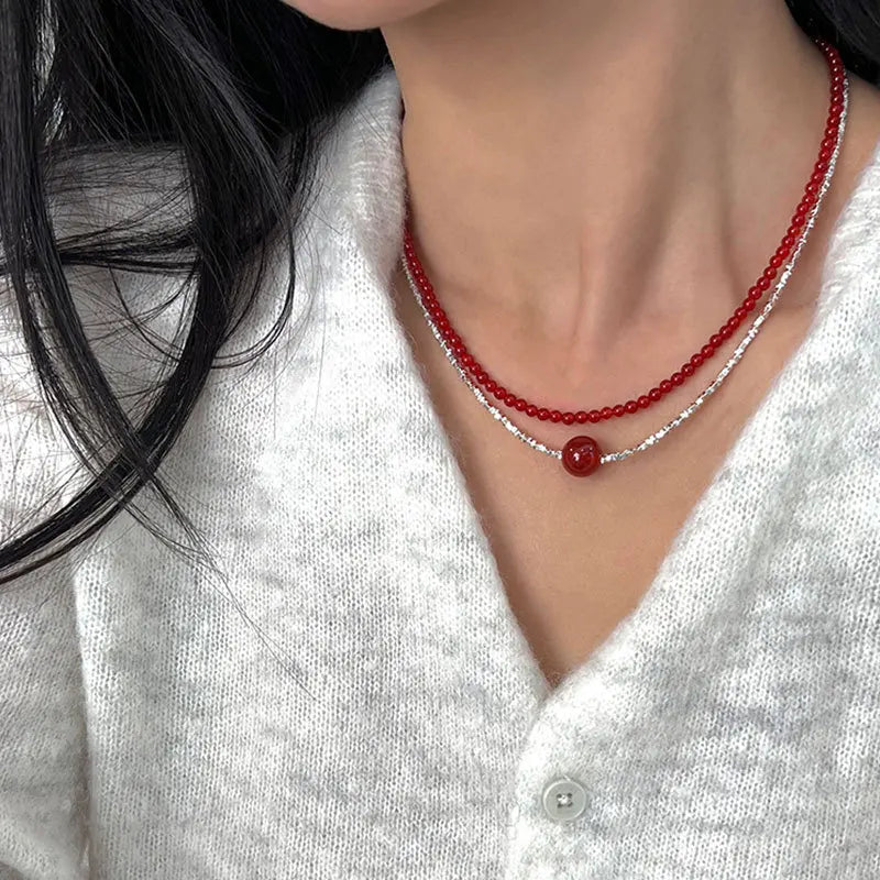 French Silver Water Wave Chain with Red Agate Beads Heart Pendant for Women