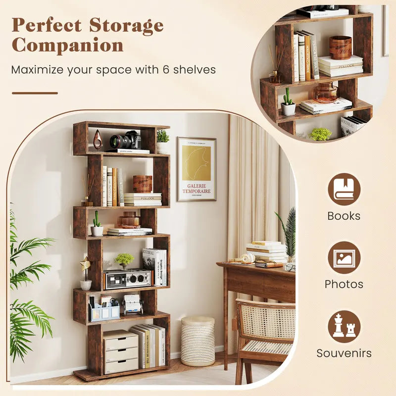 6-Tier S-Shaped Geometric Bookcase with Anti-Tip Kits, Space-Saving Storage Shelf