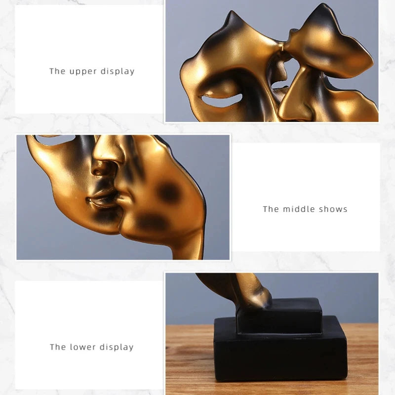 Modern Resin Mask Sculpture - Double Sided Face Statue for Home & Office Decor, Gold & Black, 27cm