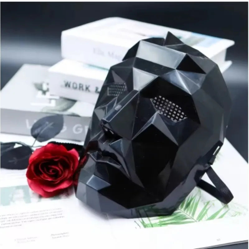Futuristic Geometric Party Mask Black Tech Style with Breathable Mesh Eyes and Mouth for Halloween Cosplay