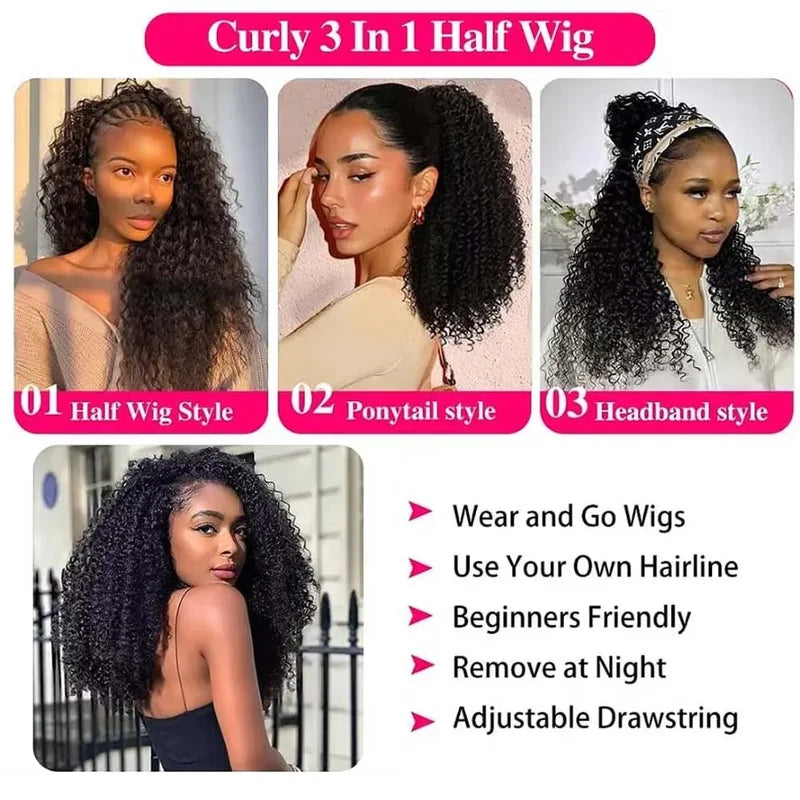 3-in-1 Half Wig with Drawstring & Clip-Ins | Kinky Curly Seamless Wig for Women