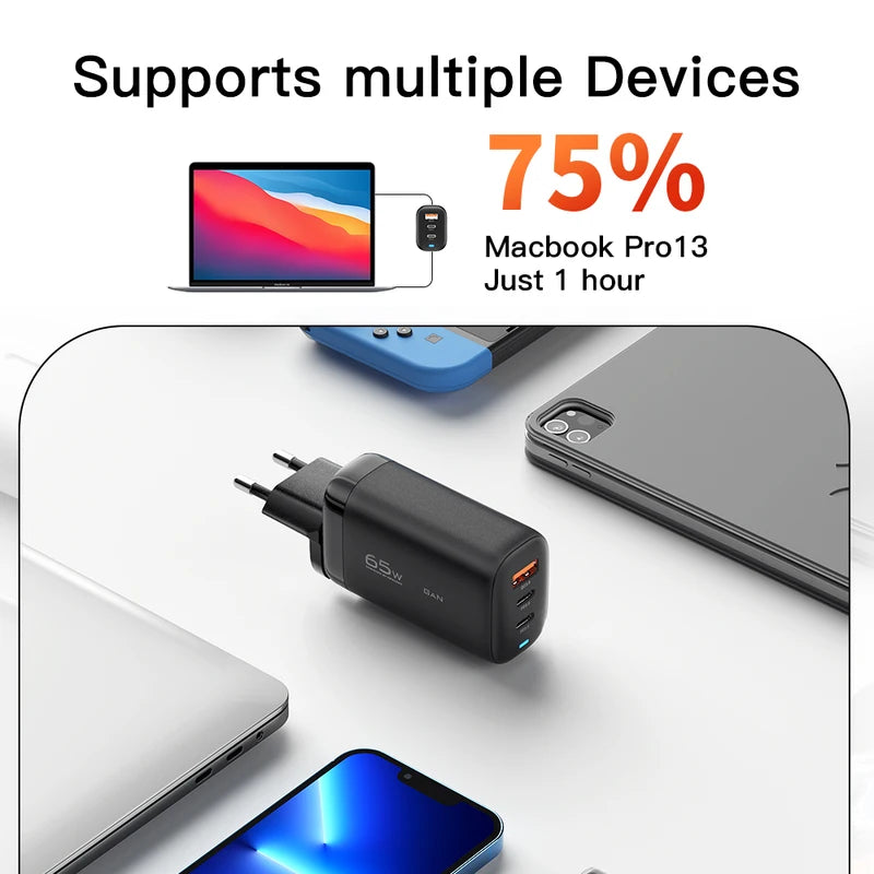 65W GaN USB-C Charger Fast Power Adapter for Laptop & Phone