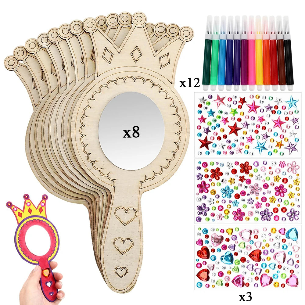 Wooden Handheld Mirror Craft Kit with Coloring Pens for Kids - 23 Pieces