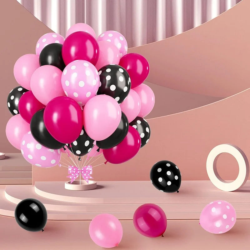 12-Inch Black and Pink Polka Dot Latex Balloons Set for Birthday Party Decorations