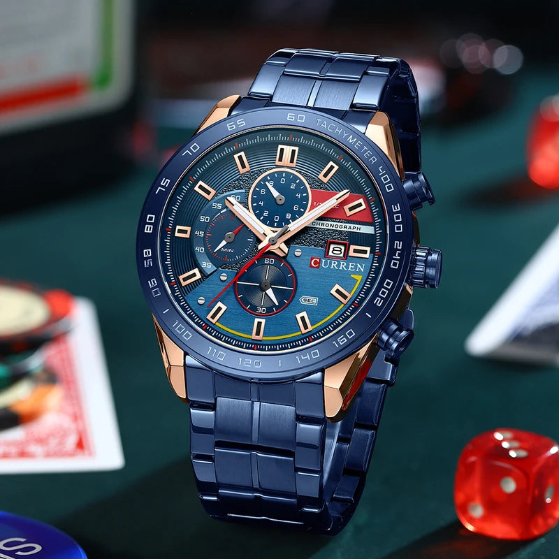Men's Quartz Watch Waterproof Business Chronograph Stainless Steel Strap