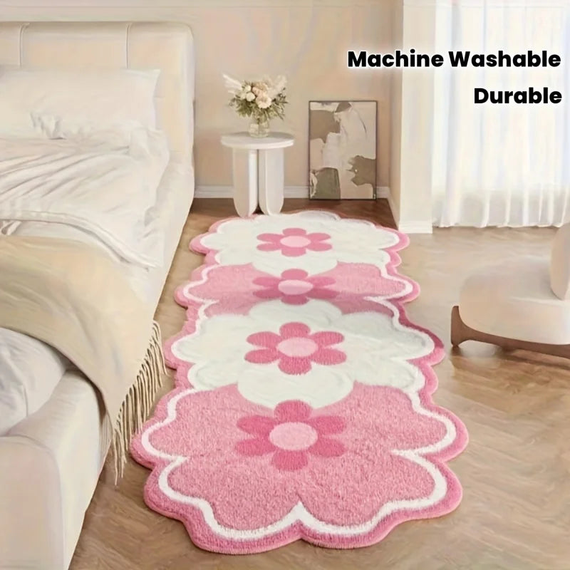 Pink Flower-Shaped Bedside Rug - Soft Non-Slip Floor Mat for Girls Room