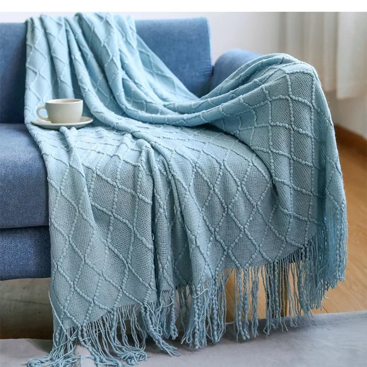 Knitted Throw Blanket Cozy Soft Warm Wool-Feel with Tassels for Couch & Home