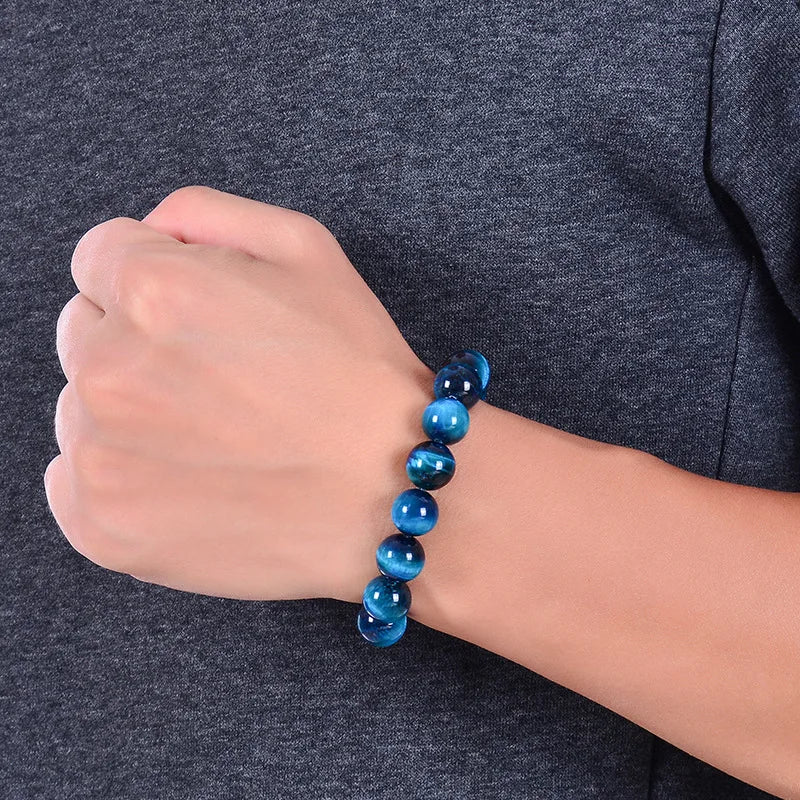 Minimalist Blue Tiger Eye Stone Beaded Bracelet Natural Round Beads Jewelry