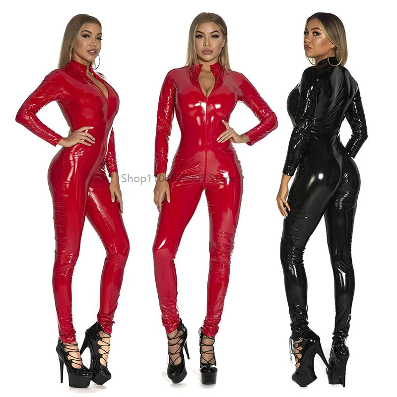 Latex Bodysuit for Women Open Crotch Zipper PVC Catsuit Nightclub Party Wear