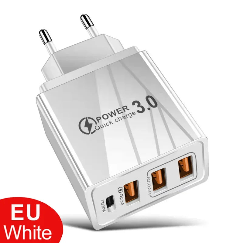 48W USB-C Fast Charger with 3 Ports for Smartphone Tablets EU/US Plug