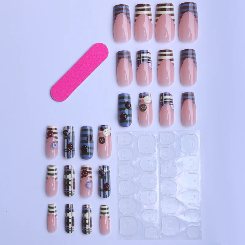 24pcs Vintage French Style Press On Nails with Cartoon Ladybug Button Designs - Coffin Fake Nails in Blue, Brown, Green, Ivory, Beige