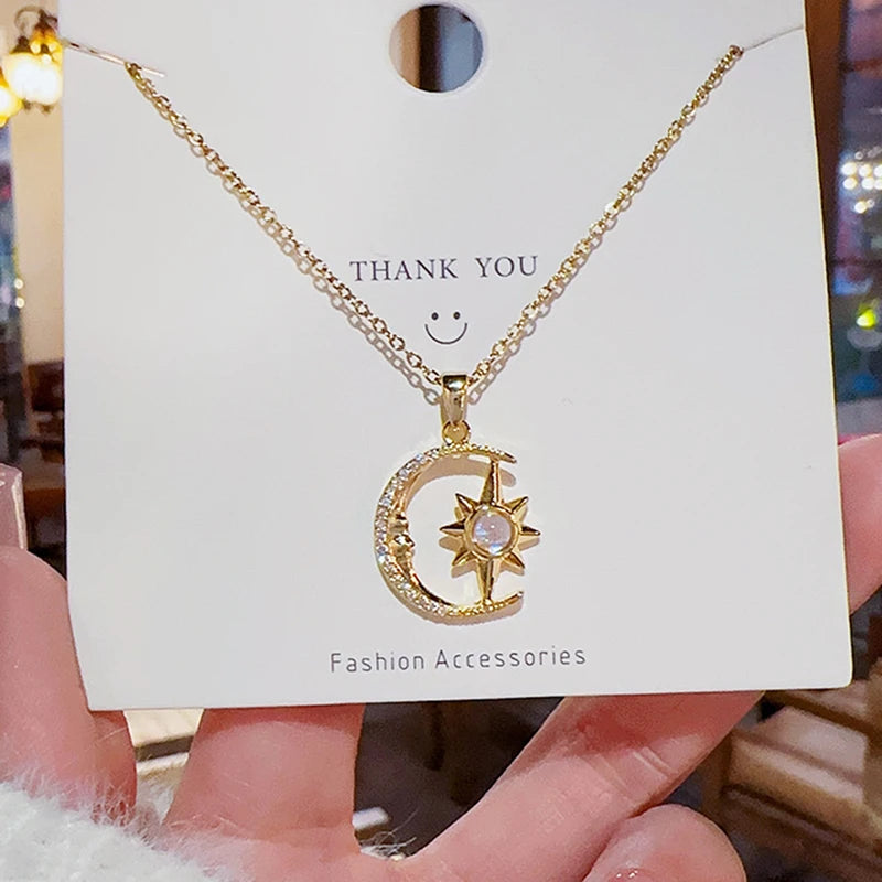 Women’s Moon Necklace with Star Pendant Stainless Steel Collarbone Chain Jewelry