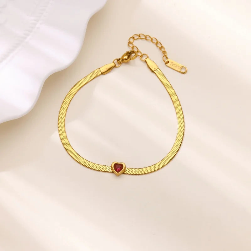 Heart Charm Zircon Birthstone Bracelet for Women Gold Tone Stainless Steel Jewelry Gift