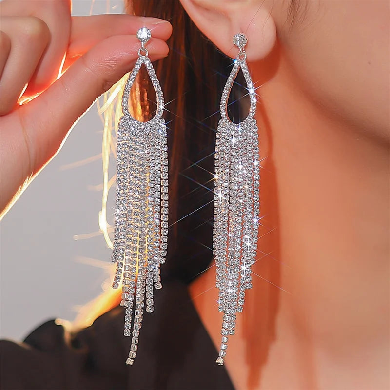 2pcs Women's Rhinestone Tassel Earrings Luxurious Fashion Jewelry for Weddings & Parties