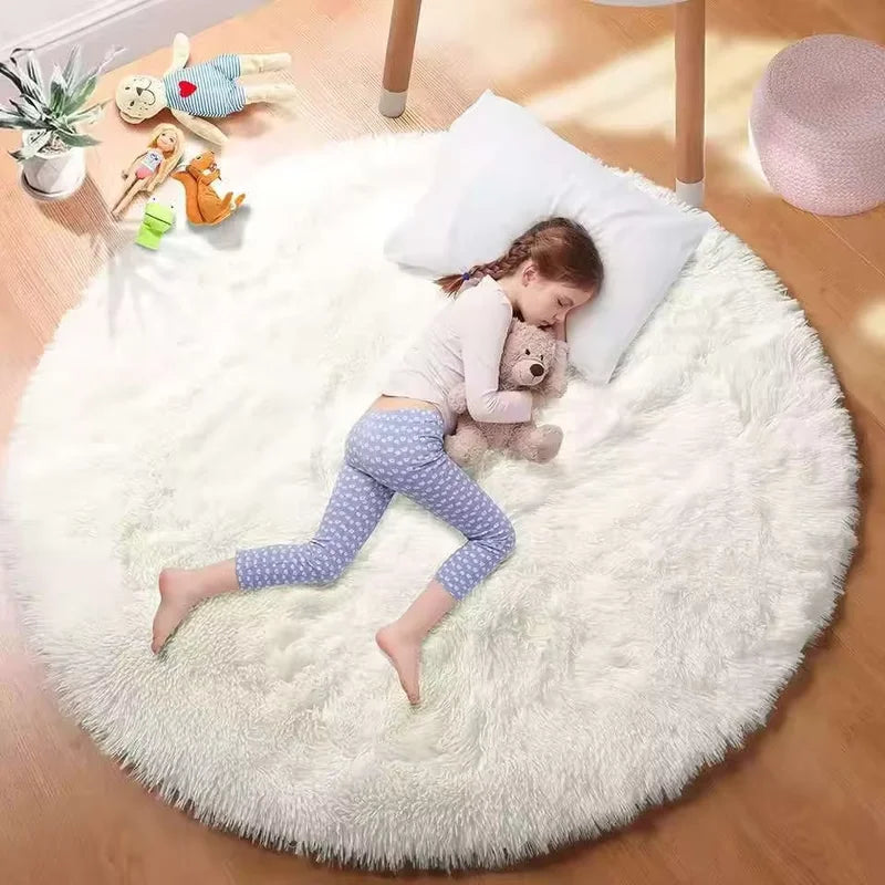 Plush Round Rug for Girls Bedroom and Living Room - Soft Shaggy Carpet in Pink, White, Lavender, Multi - Multiple Sizes