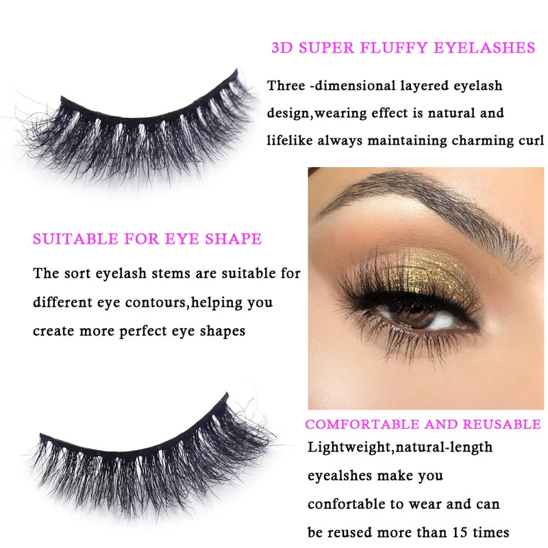Long Lasting 3D Mink Eyelashes - Natural Volume & Curly False Lashes