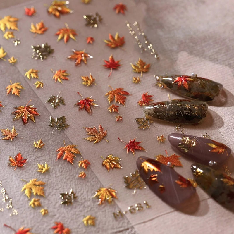Autumn Maple Leaf Nail Art Stickers - 5D Relief Shiny Golden Jelly Decals for Manicure
