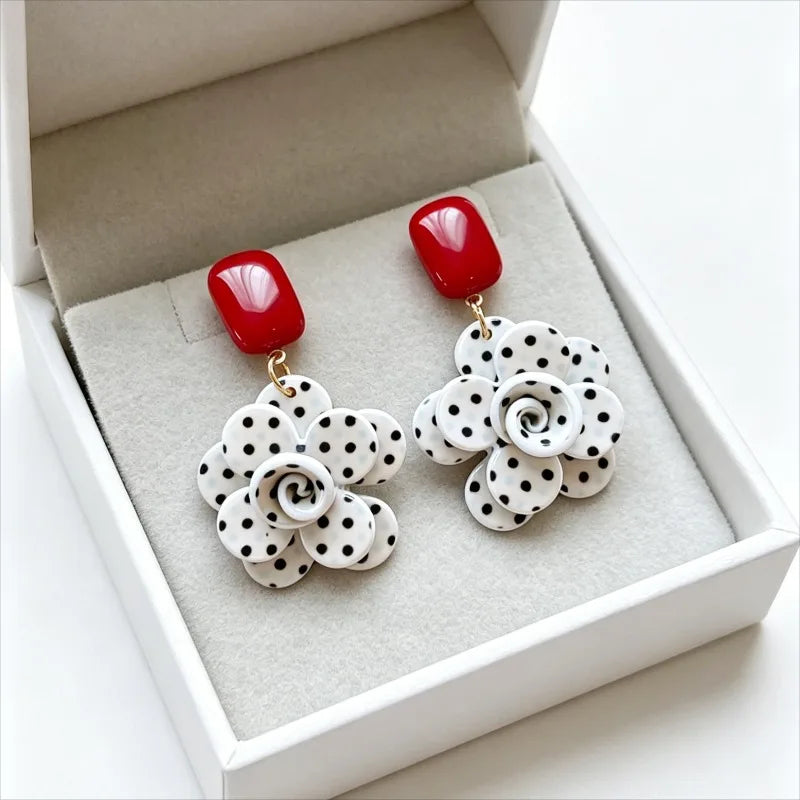 Vintage Elegant Polka Dot Flower Pendant Earrings for Women - Jewelry Gift