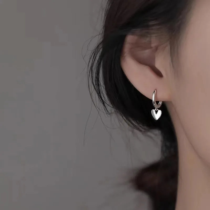 925 Sterling Silver Heart Pendant Hoop Earrings for Women Minimalist Jewelry