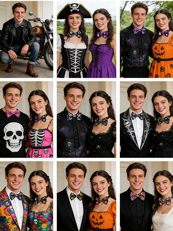 Unisex Halloween Skull Bow Tie Set - Adjustable Satin Ties in 9 Styles