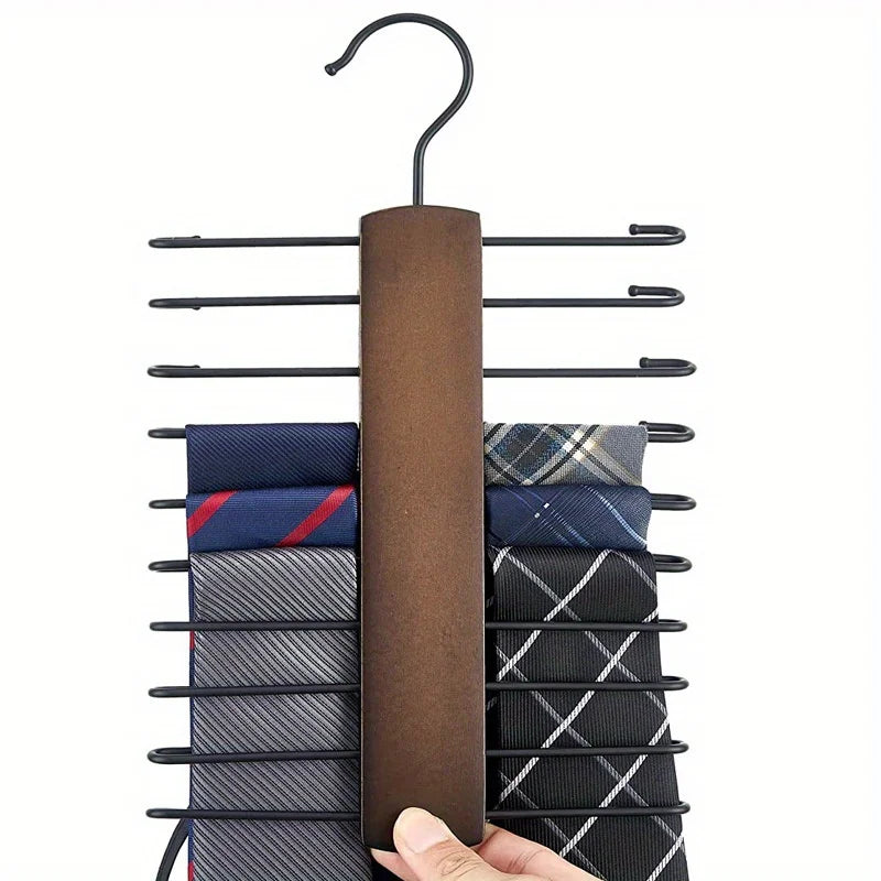 Wooden Tie Storage Rack with 360° Rotation and Anti-Slip Grooves - Space-Saving Closet Organizer