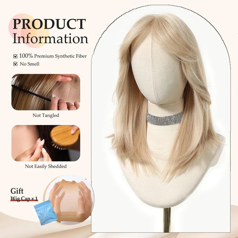 Blonde Synthetic Wig for Women Medium Length Straight with Bangs - Heat Resistant & Natural Look