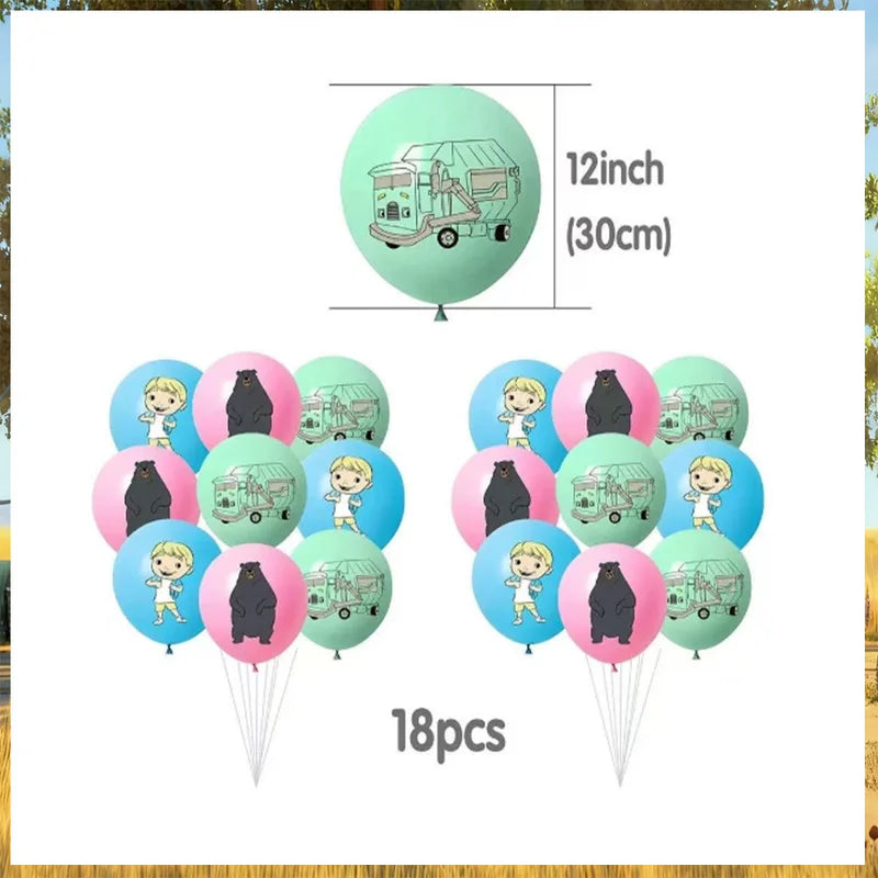 Kids Birthday Party Decorations Set with Trash Truck Cartoon Backdrop, Balloons, Plates, Cups & Napkins