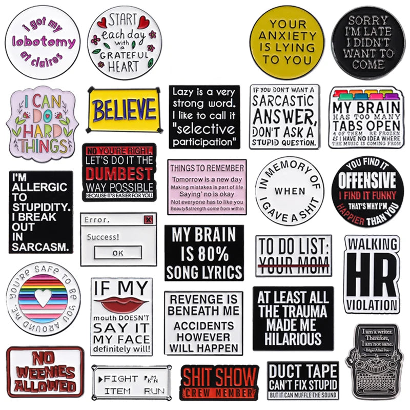 Geometric Humorous Phrase Enamel Pins Set - Custom Funny Quotes Metal Brooches for Bags & Clothing