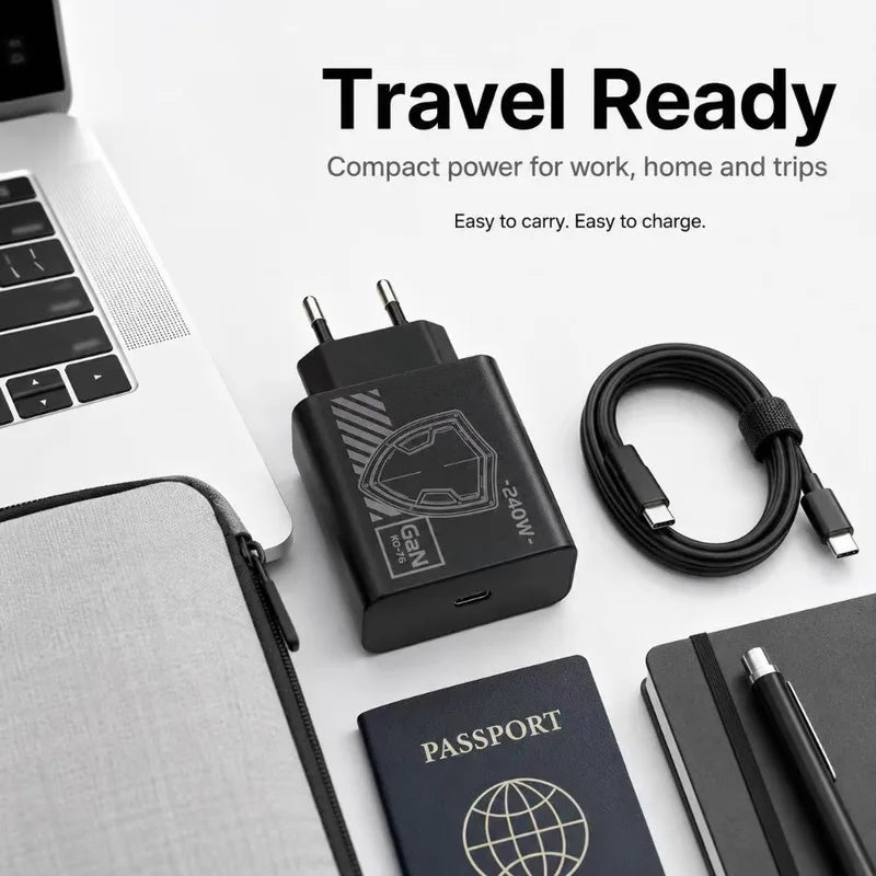240W GAN Multi-Port Travel Charger with EU/US Plugs & 1M Braided USB C Cable