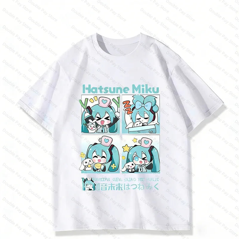 Cute Hatsune Miku Cartoon T-Shirt Anime Kawaii Graphic Casual Top for Kids & Adults