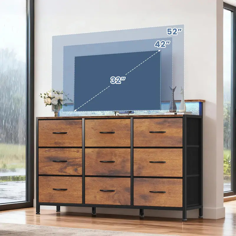 Large TV Stand with 9 Fabric Drawers and Built-In Charging Station for 32-52 Inch TVs