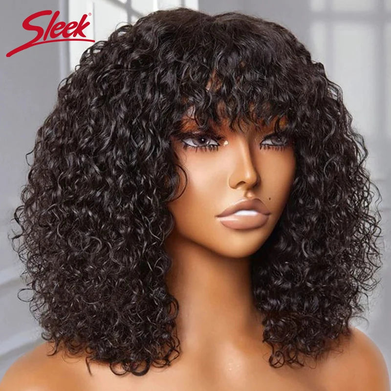Curly Short Bob Human Hair Wigs with Bangs - Glueless Highlight Blonde Water Wave Wig for Women