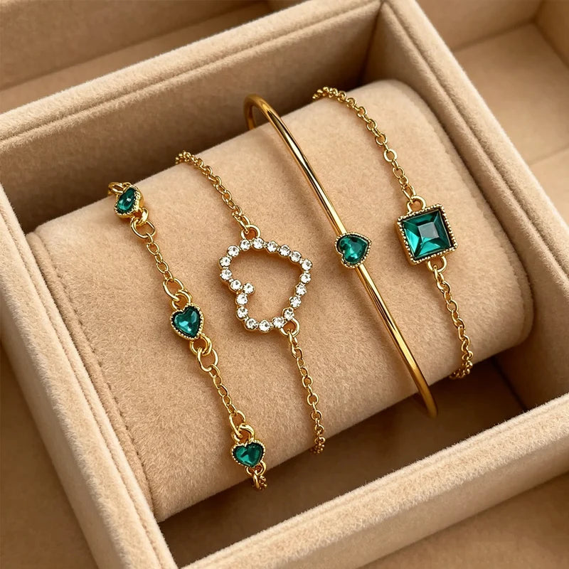 Fashion Layered Bracelet Set with Heart and Square Pendants - Adjustable Jewelry for Women