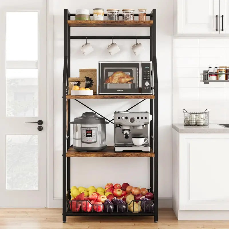 4-Tier Metal Floor Rack with Hooks Multi-Purpose Kitchen & Home Storage Shelf