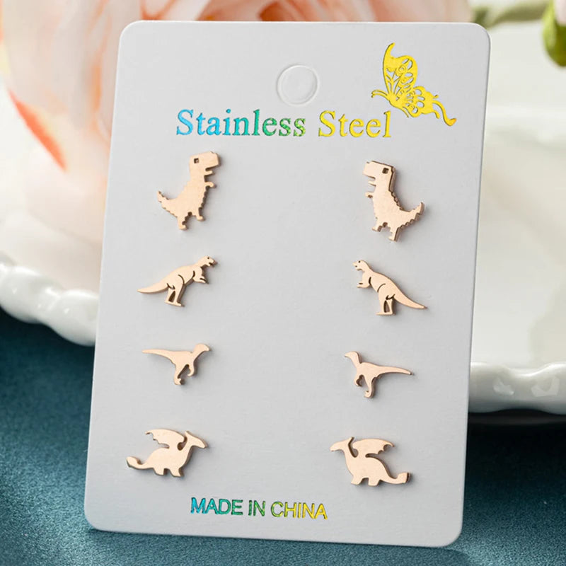 Tiny Dinosaur Earrings Set - 4 Pairs Stainless Steel Cartoon T-Rex Jewelry for Girls and Parties