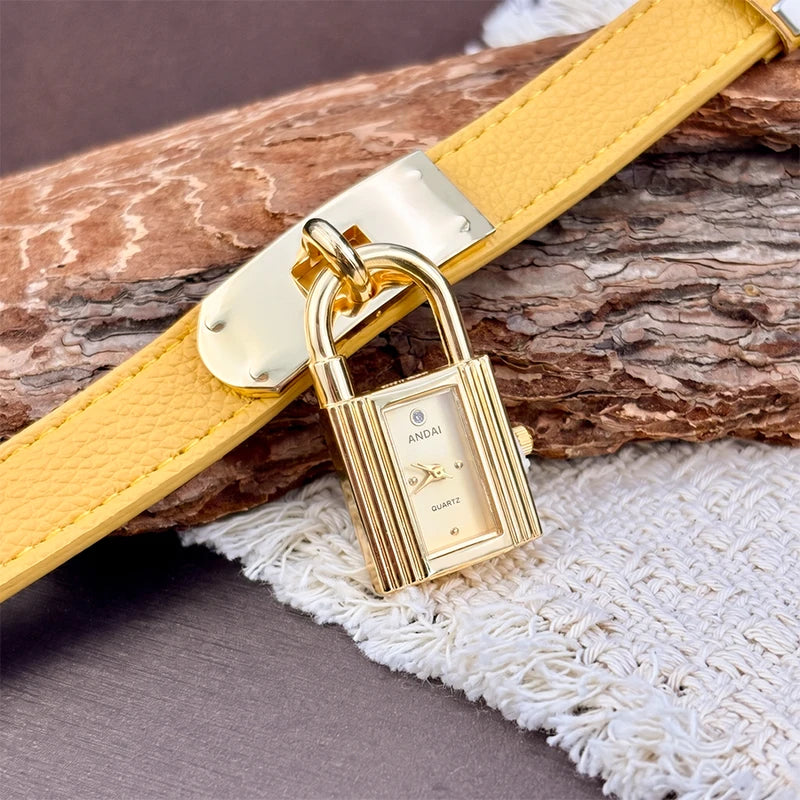 Fashion Leather Watch for Women with Bold Padlock Dial and Soft Strap