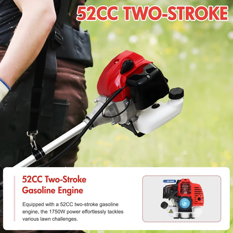 Gasoline Lawn Mower 52cc 2-Stroke 4-in-1 Trimmer with Adjustable Shaft and 4 Heads
