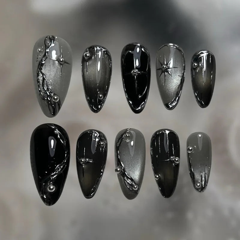 24Pcs Mysterious Red Y2K Fake Nails with Heart Design Long Almond Punk Style Press-On