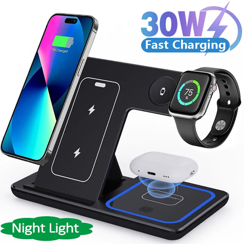 3-in-1 Wireless Charging Station 30W Fast Stand for iPhone, Apple Watch & AirPods
