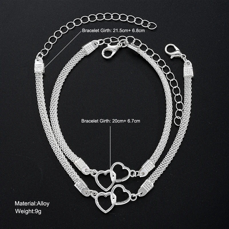 Love Heart Couple Bracelets Set for Women and Men Silver Double Layer Jewelry Gift