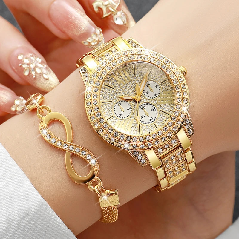Luxury Women’s Diamond Quartz Wristwatch & Bracelet Set - Fashion Accessories