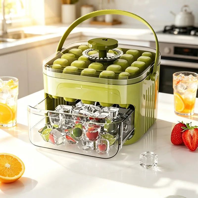 Press Type Ice Cube Mold with Lid - Reusable Double-Layer Ice Tray for Freezer