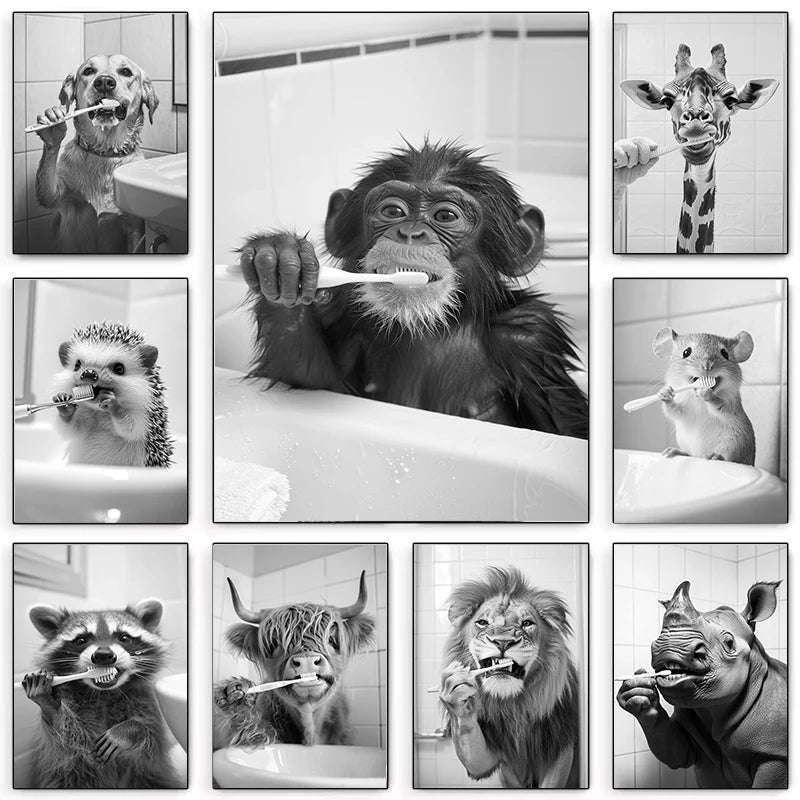 Animal Bathroom Canvas Wall Art - Funny Teeth Brushing Poster Home Decor