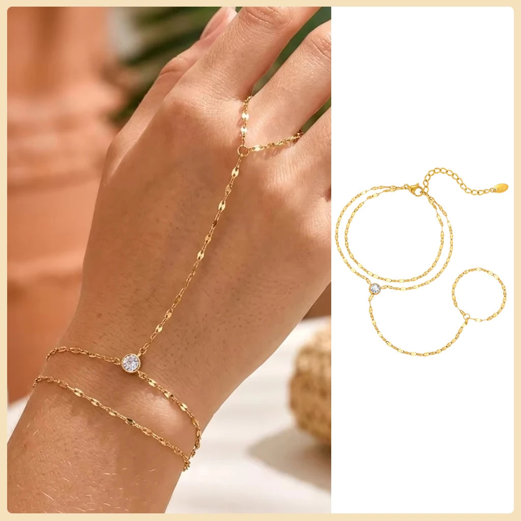Adjustable Gold Plated Stainless Steel Hand Chain Ring Bracelet for Women - Summer Party Jewelry